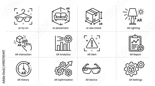 Augmented Reality Icons Set - AR Shopping, AR Benchmark, AR Web Mark, AR Lighting, AR Interaction, AR Analytics, AR Alert, AR Report, AR Device, AR Settings, AR