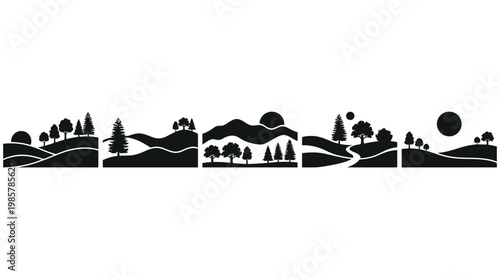 Black silhouette landscape with trees hills.