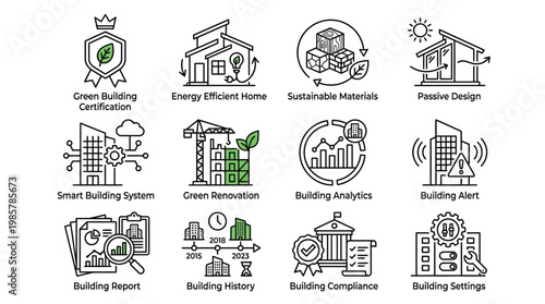 Green building and smart home technology line icons set for sustainable architecture and energy efficiency.