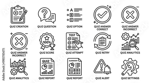 Quiz and Test Related Line Icons Set for Online Education and Assessment.