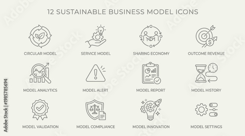 Set of 12 Sustainable Business Model Outline Icons for Corporate Strategy.
