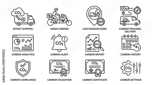 Set of Carbon Footprint and Environmental Impact Line Icons.