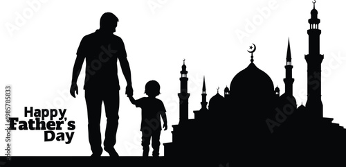 Father and son silhouette with mosque background for father's day