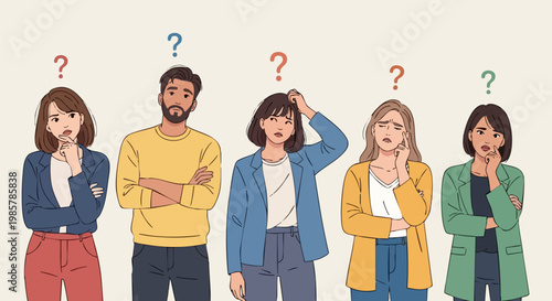 Confused people with question marks, diverse group of men and women thinking, flat vector illustration of thoughtful characters seeking answers