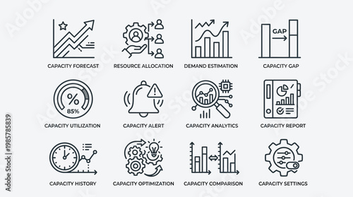 Set of capacity management and resource planning line icons.