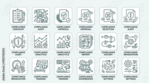 Set of compliance business process icons in hand drawn sketch style.