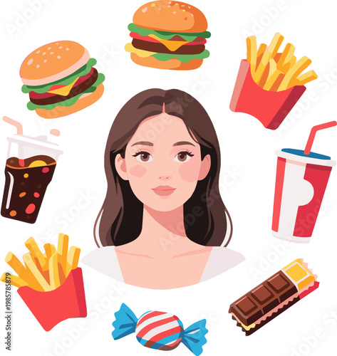 Create a realistic kinds of deferent Woman in her 20s (clean and innocent type) - Junk food vector art with white background..