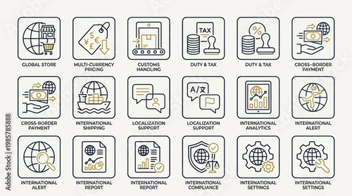 Set of eighteen hand drawn doodle icons for global e-commerce business operations.