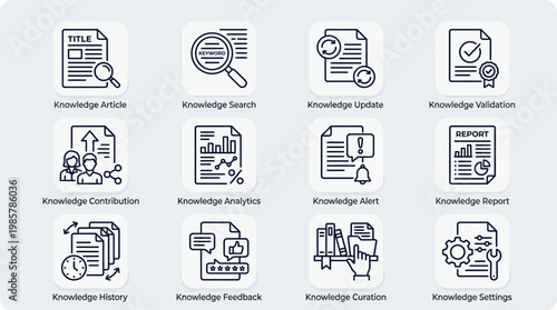 Set of Knowledge Management Line Icons for Business and Data Analysis.