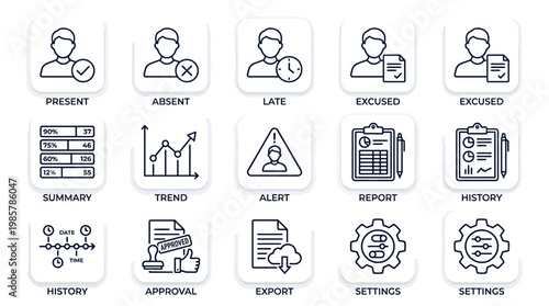 Set of human resource management and employee attendance line icons.