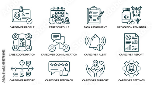 Set of line icons for home healthcare and caregiver management software.