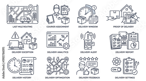 Set of Logistics and Delivery Service Process Line Icons.