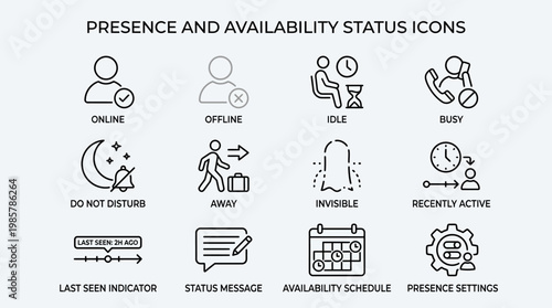 Set of presence and availability status line icons for communication software.
