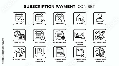 Set of subscription payment and membership plan management outline icons.