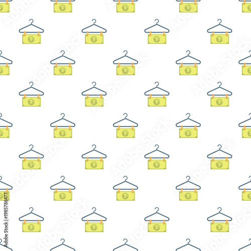 Dollar bills hanging on clothes hangers in a repeating pattern