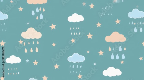 Pastel Clouds Rain and Stars Seamless Looping Pattern Background