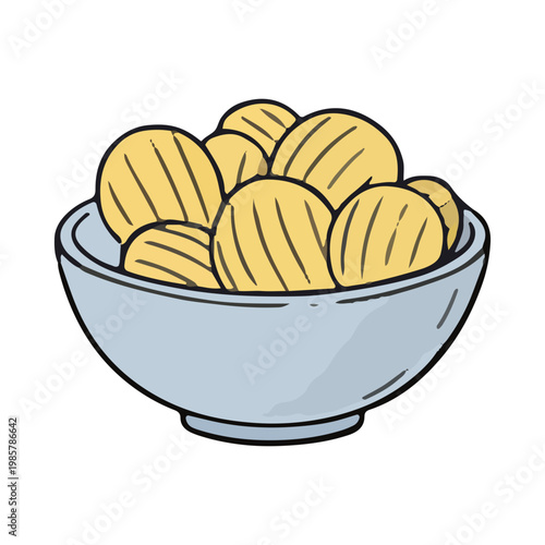 Hand drawn illustration of a bowl full of crunchy potato chips