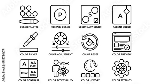 Set of UI color management and design system line icons.