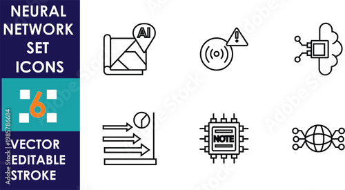 Minimal neural network icon set featuring AI, connectivity, processor, analytics, and automation symbols in editable stroke vector style, ideal for technology, machine learning design