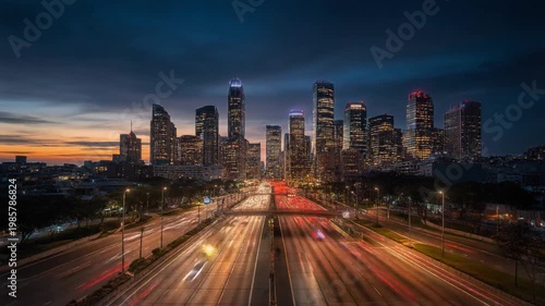 City skyline at dusk with highway traffic light trails and illuminated buildings