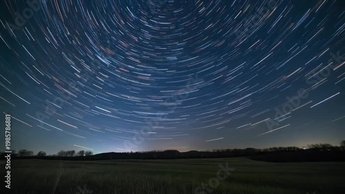 Circular Star Trails in Dark Night Sky Over Rural Landscape with Field and Trees - Long Exposure Astrophotography