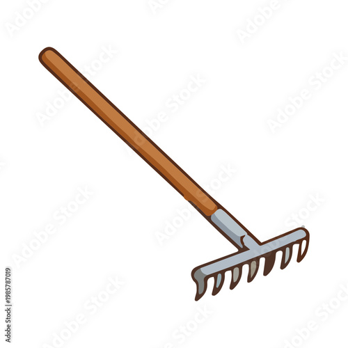 Cartoon Illustration of a Garden Rake with Wooden Handle