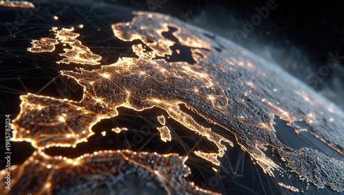 Close-up of glowing Earth at night showing interconnected city lights over Europe