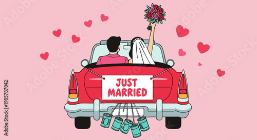 Vintage wedding car with just married sign, newlywed couple in red convertible with hearts, romantic bridal getaway vector illustration