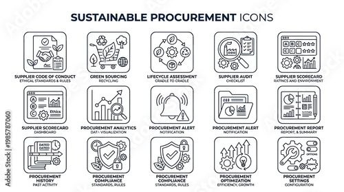 Sustainable Procurement Icon Set for Business Ethics and Supply Chain Management.