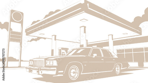Car gas station in retro style. Classic car with gas station. Monochrome halftone vector illustration, transparent background SVG version.