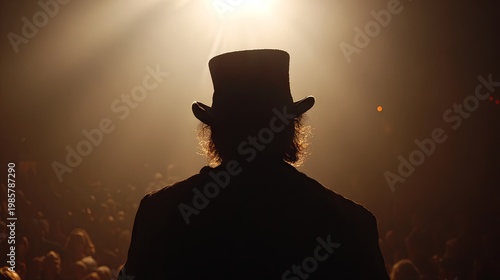 A back-view silhouette of a male illusionist