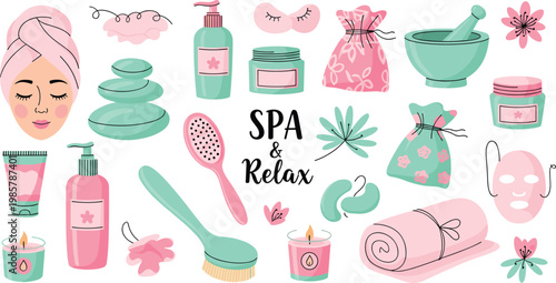 Cute Spa and Relax Elements Collection Pink and Mint Beauty Wellness Skincare Accessories Cartoon Vector Illustration Set

