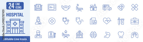 Hospital line icon. Contains icons as hospital, doctor, ambulance, stethoscope, medical prescription and more. Vector illustration. Editable stroke.