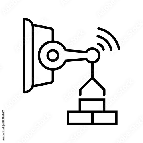 Brick stacker robot icon. Industry and construction robotics line symbol. Black and white.