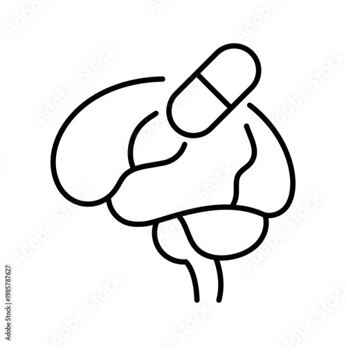 Brain tumor treatment icon. Healthcare and oncology line symbol. Black and white.