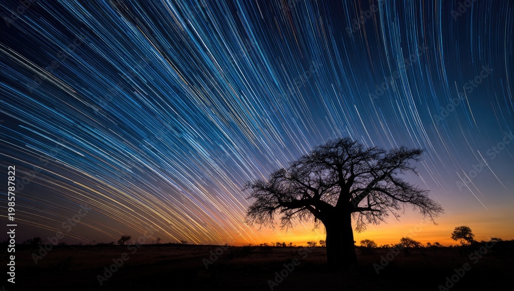 Naklejka premium Silhouetted ancient tree under a sky ablaze with brilliant, streaking star trails