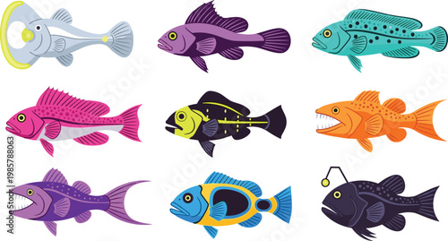 Deep sea fish species colorful predatory aquatic wildlife flat icon set