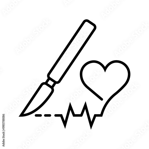 Heart surgery icon. Healthcare and cardiac surgery line symbol. Black and white.