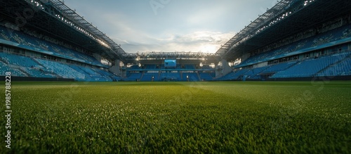 Expansive empty stadium pitch, tiered blue seats, bright sky with sun, dramatic light