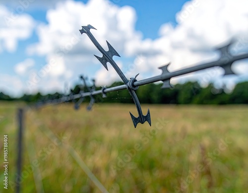 Wallpaper Mural Razor wire fence stretches across a blurred green field Torontodigital.ca