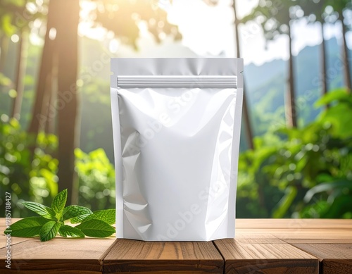 Wallpaper Mural Shiny, blank pouch on wood with greenery backdrop Torontodigital.ca