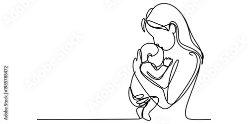 Minimalist single line art illustration of a mother kissing her child's forehead with love. Vector, illustration