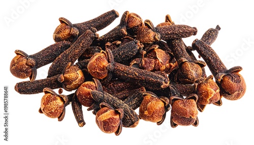 Aromatic spice buds and sticks on white