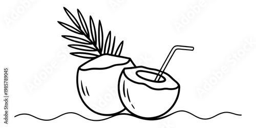 Simple coloring page of two fresh coconuts with a straw and a palm leaf on the beach. Vector, illustration