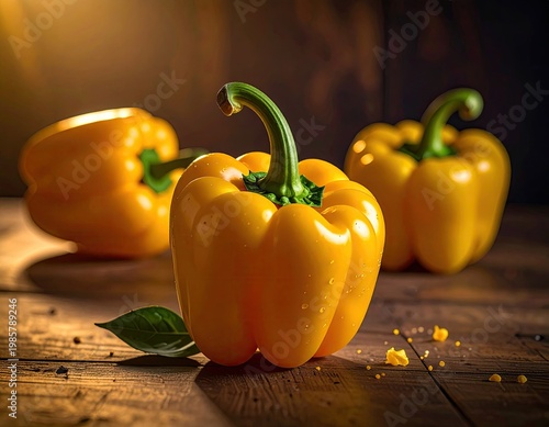 Wallpaper Mural Three vibrant yellow bell peppers on a wooden surface Torontodigital.ca