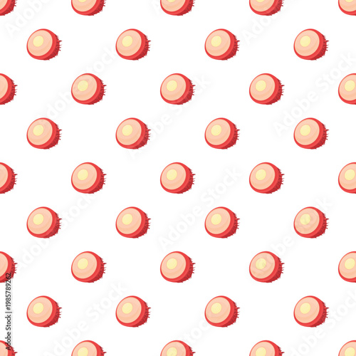 Lychee fruit halves arranged in a seamless repeating pattern on a white background