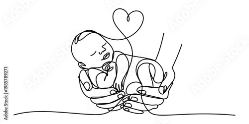 Minimalist continuous line drawing of a sleeping newborn baby held gently in adult hands Vector, illustration