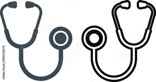 Medical stethoscope vector icons set, black silhouette and outline stethoscope symbols, professional healthcare diagnostic equipment for doctors