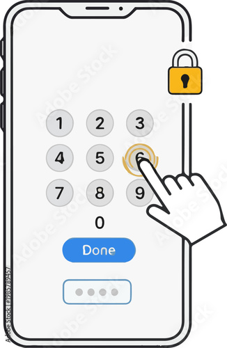 An illustration of a hand entering a personal identification number on a smartphone's lock screen keypad.