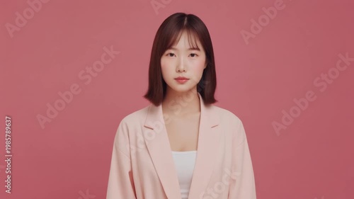 Young Asian Woman in Pink Blazer Turning and Looking at Camera on Pink Background